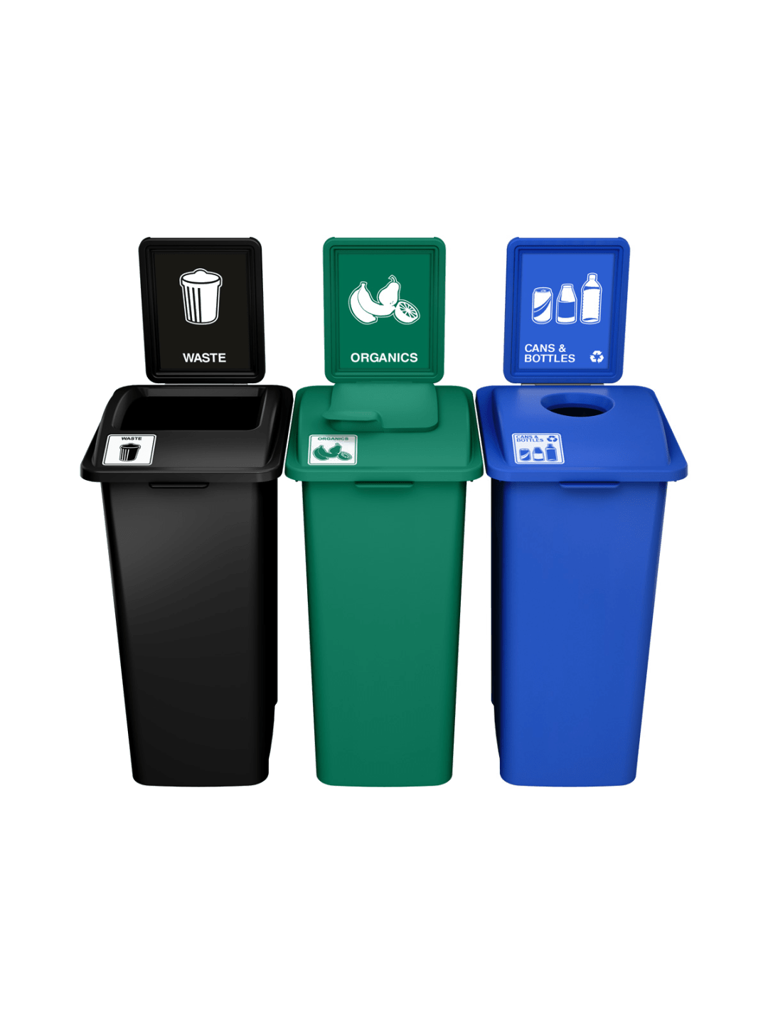  WASTE WATCHER - Triple - Kit - Xl - Waste-Organics-Cans &amp; Bottles - Full-Solid Lift-Circle - Black-Green-Blue