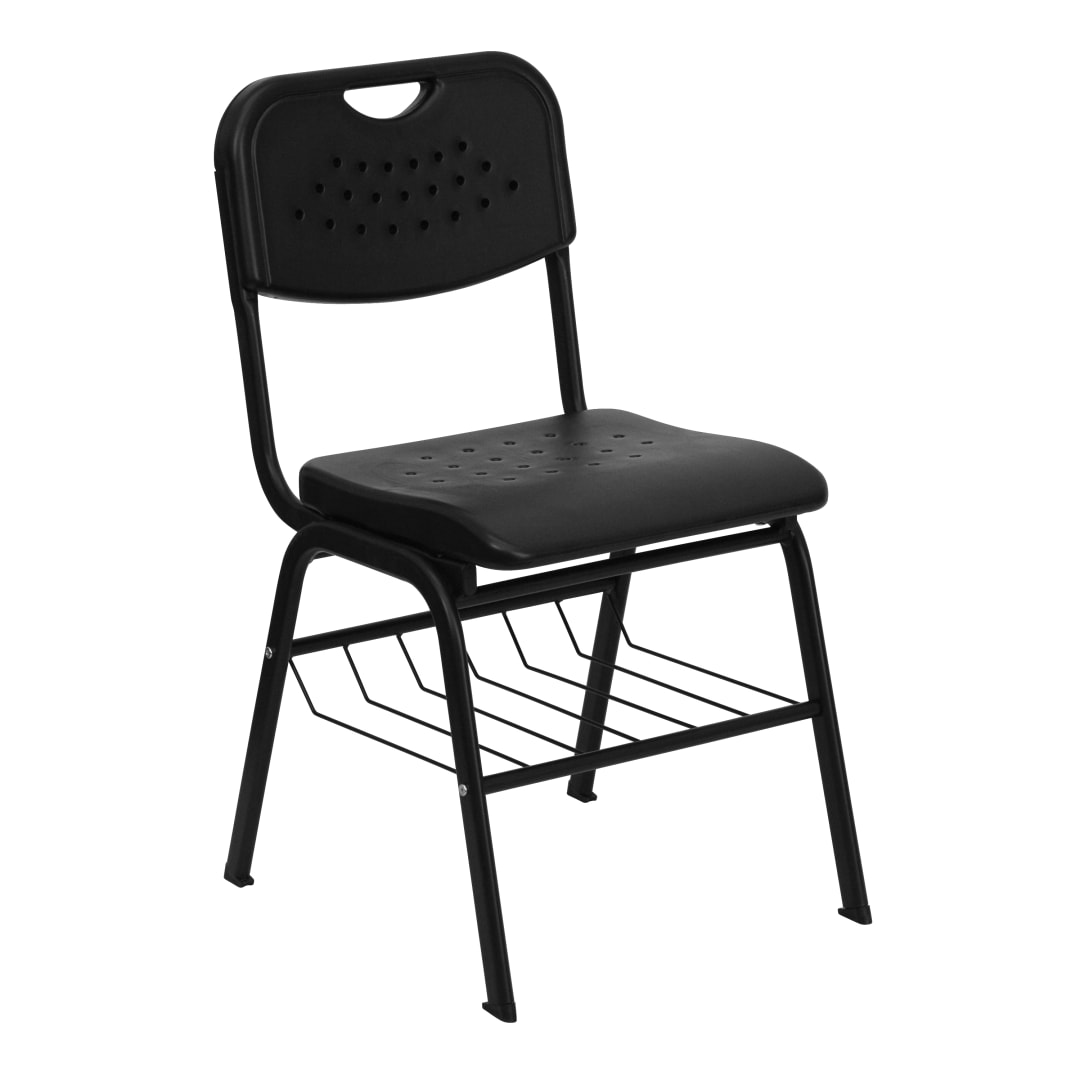 HERCULES Series 880 lb. Capacity Black Plastic Chair with Black Frame and Book Basket