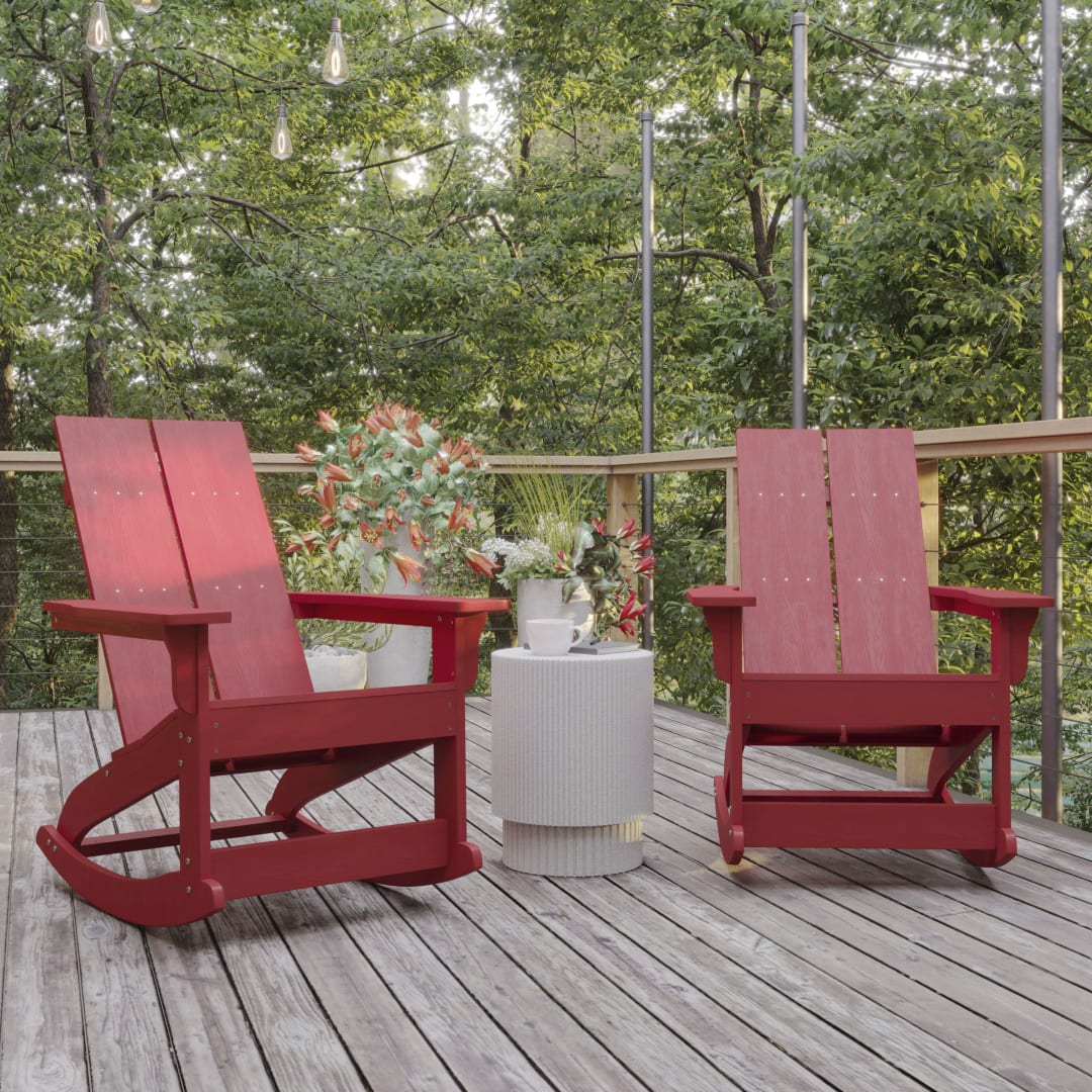 Finn Modern Commercial Poly Resin Wood Adirondack Rocking Chair - All Weather Red Polystyrene - Dual Slat Back - Stainless Steel Hardware - Set of 2