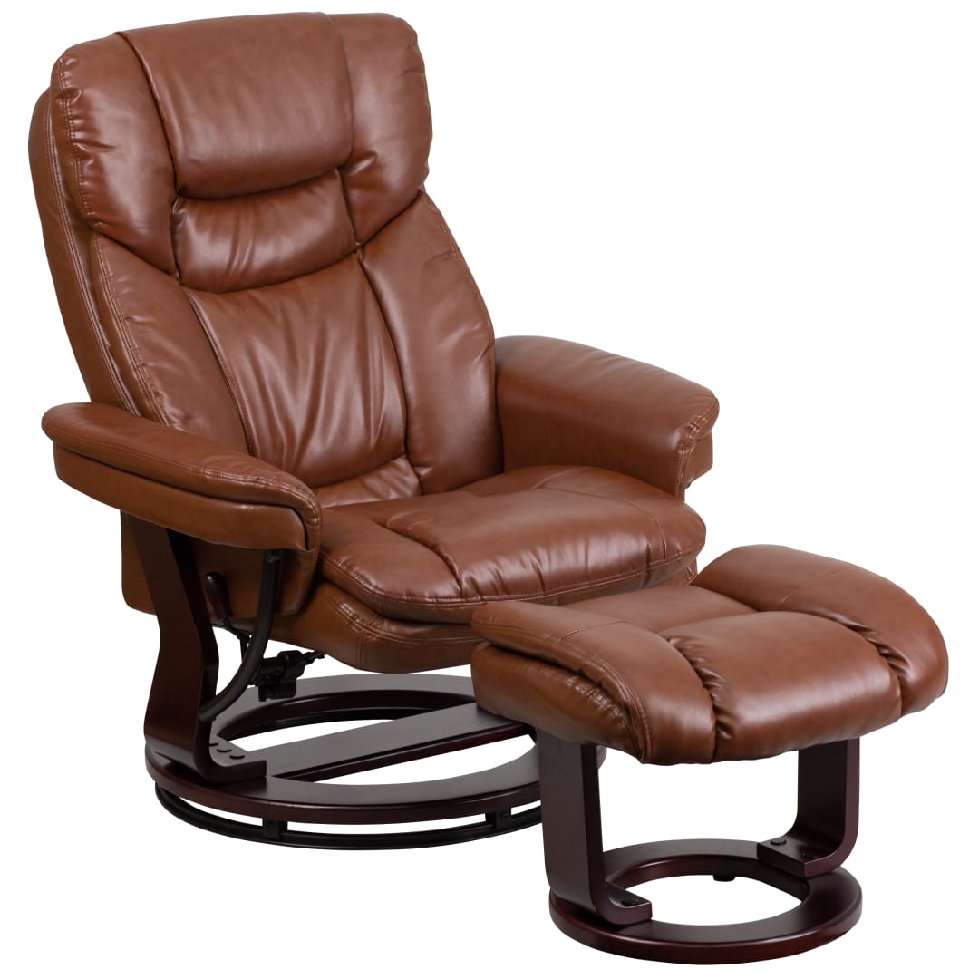 Allie Contemporary Multi-Position Recliner and Curved Ottoman with Swivel Mahogany Wood Base in Brown Vintage LeatherSoft