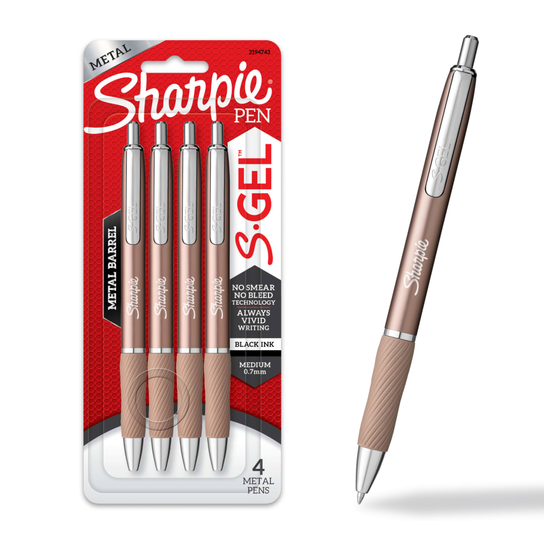 Sharpie® S-Gel, Gel Pens, Sleek Metal Barrel, Champagne, Medium Point (0.7mm), Black Ink, 4 Count