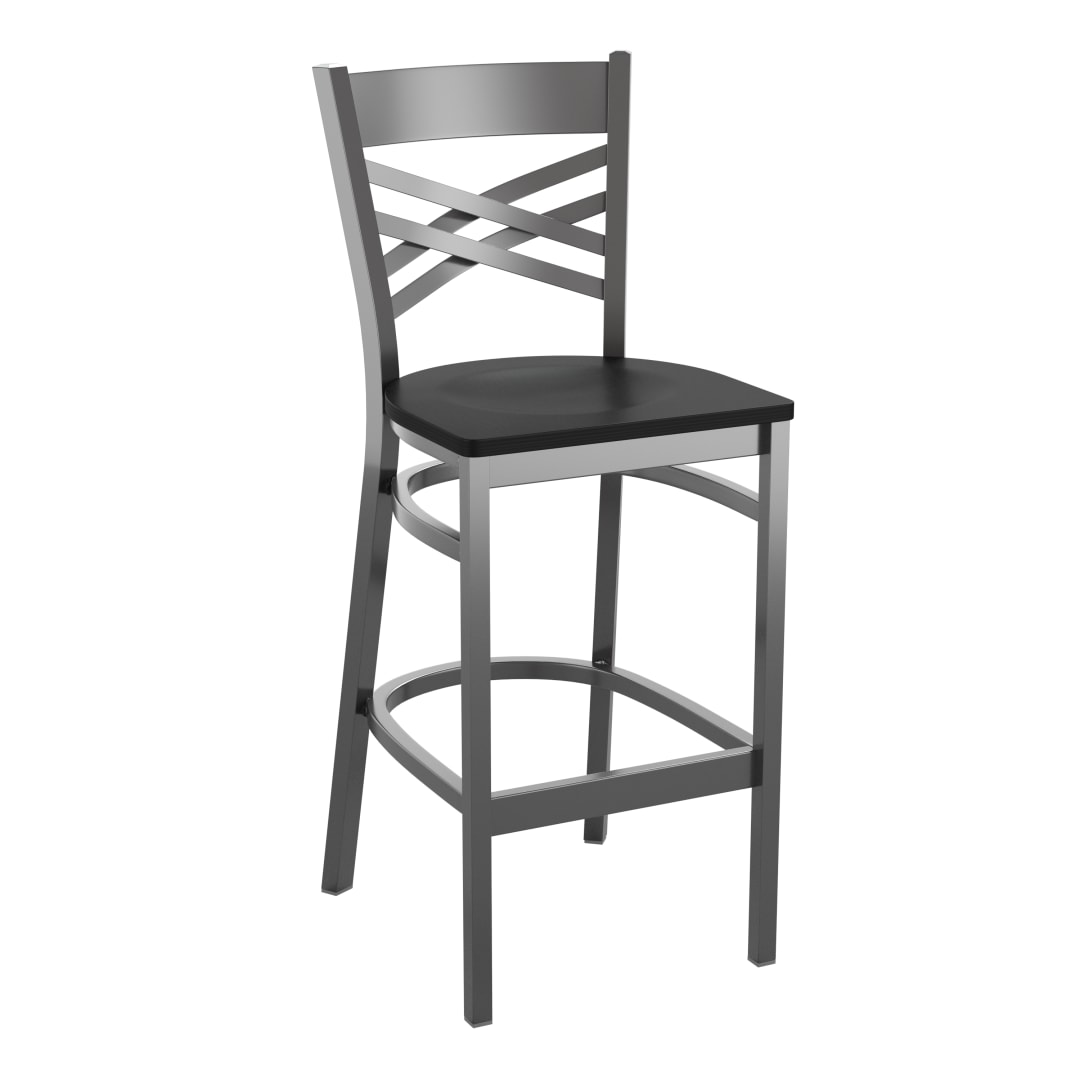 HERCULES Silver Antique Finish with Clear Coat ''X'' Back Metal Restaurant Barstool - Black Wood Seat