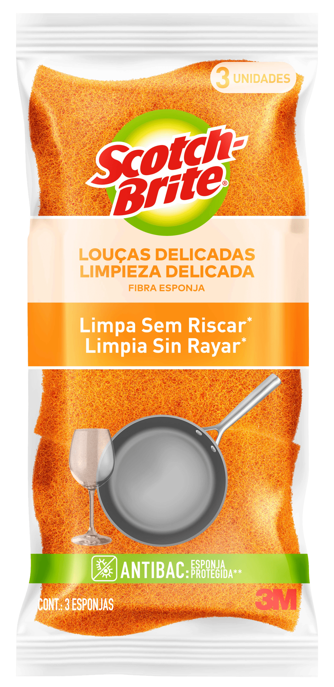 Esponja Não Risca Scotch-Brite®, Laranja, Pacote com 3 Unidades