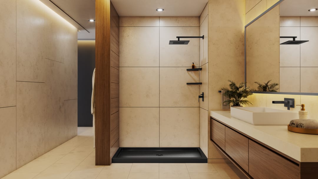 DreamLine SlimLine 30 inch D x 60 inch W x 2 3/4 inch H Single Threshold Black Alcove Shower Base with 2 inch Matte Black Center Round Drain