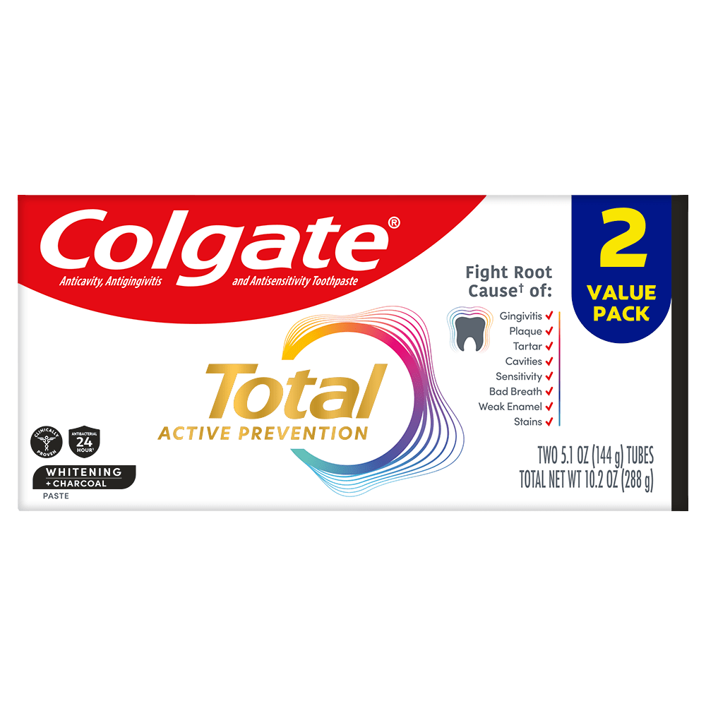 Colgate Total Active Prevention Whitening and Charcoal Toothpaste, Mint, 2 Pack, 5.1 oz
