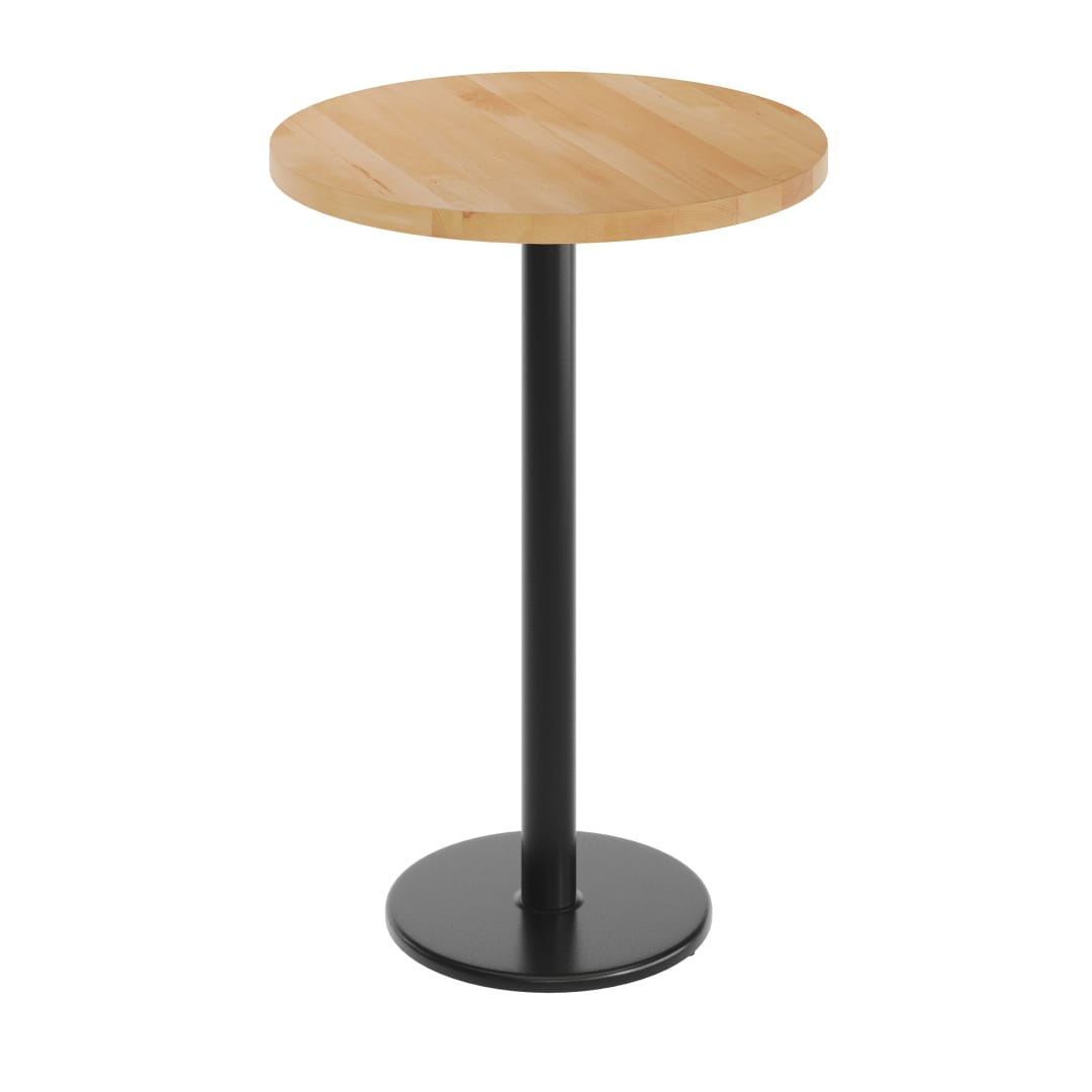 Bennett 30" Round Solid Wood Commercial Indoor Tabletop in Natural with 18" Round Bar Height Rust-Resistant Black Cast Iron Base