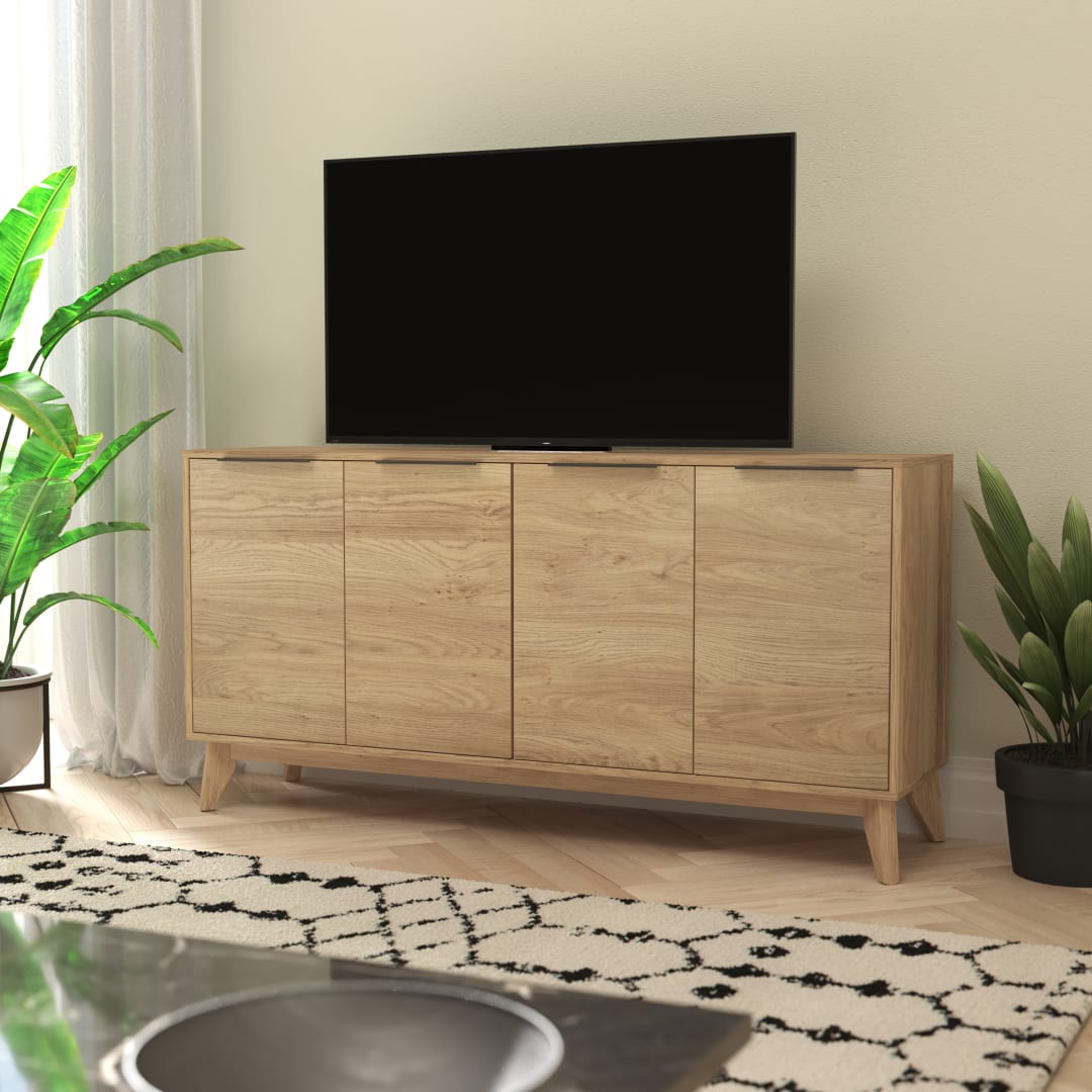 Hatfield Mid-Century Modern 60 Inch 4 Door Storage Buffet Sideboard, 4 Soft Close Doors, Adjustable Shelves, TV Stand for up to 64" TV's, Light Natural