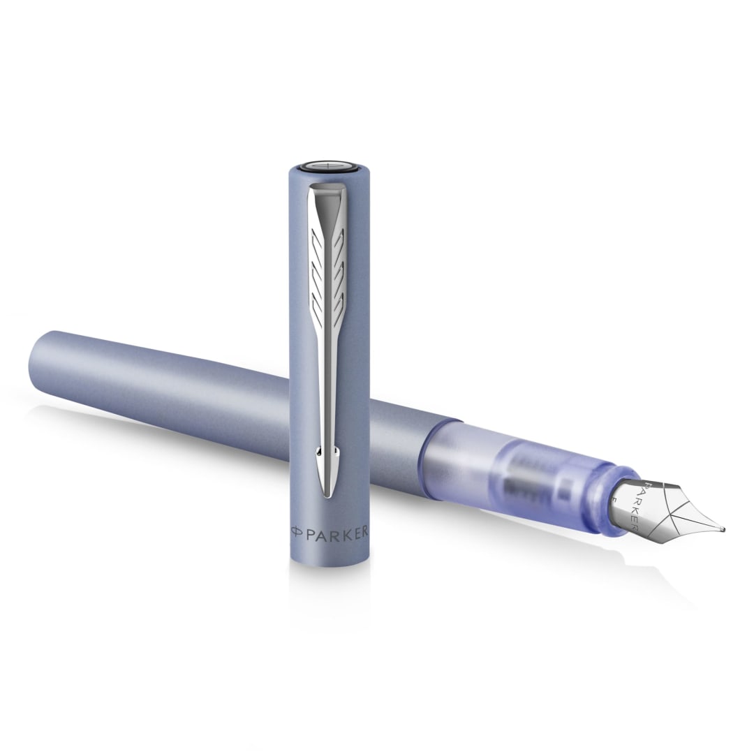 Parker Vector XL Fountain Pen | Metallic Silver-Blue Lacquer | Medium Nib with Blue Ink Refill | Gift Box