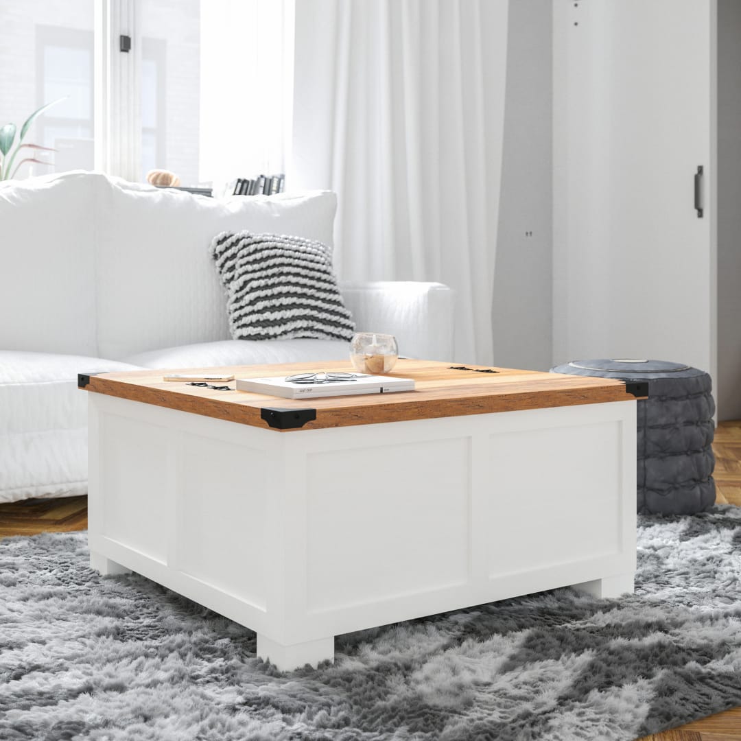 Wyatt 35.75" Farmhouse Storage Coffee Table with Hinged Lift Top, Large Coffee Table with Hidden Storage, Two Tone Finish, White/Rustic Oak