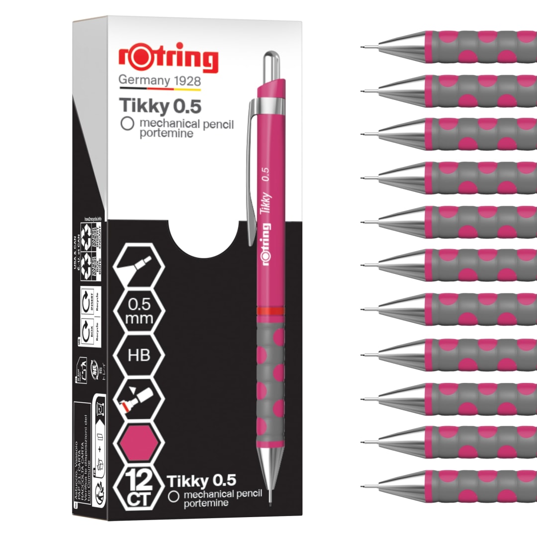 rOtring Tikky Mechanical Pencil | HB Lead, 0.5 mm | Magenta (pink) Barrel | Lightweight with Rubberised Grip | 12 Count