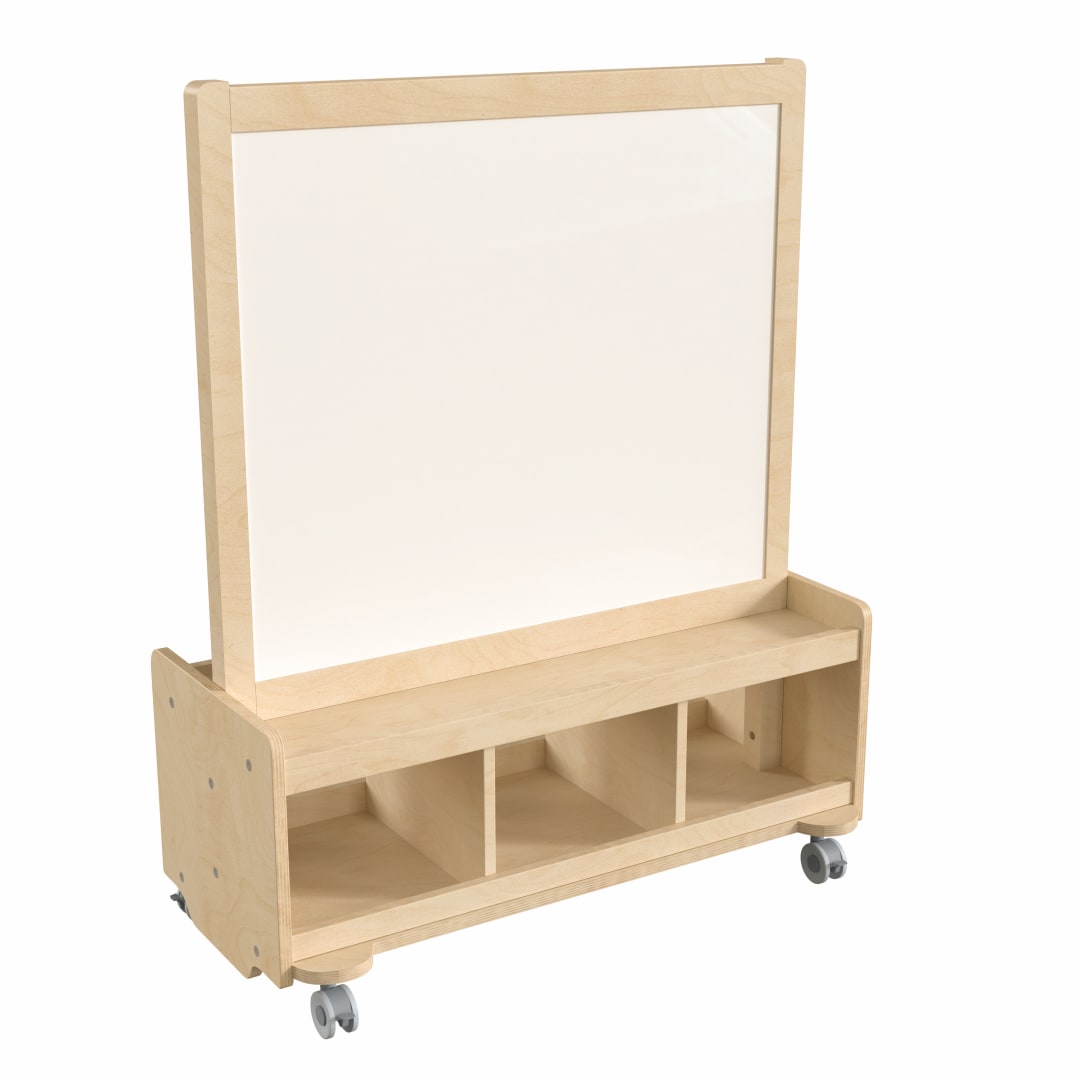 Bright Beginnings Commercial Wooden Mobile Dual Sided 2 Person Art Station with Locking Caster Wheels and Bottom Cubby Storage, Natural
