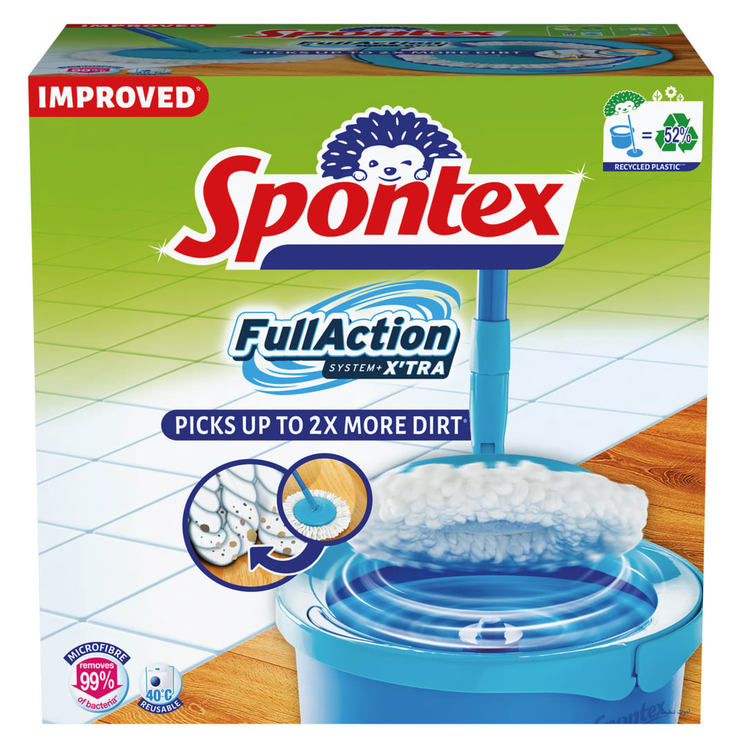 Spontex Full Action System X'TRA Set de fregona y cubo giratorio - Fácil sistema de escurrido y aclarado con giro 360° - Limpia suelos laminados, de madera y baldosas - 2 recambios