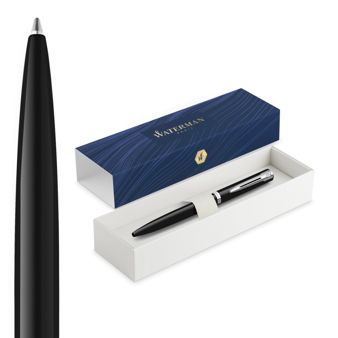 Waterman Impression Ballpoint Pen | Medium Tip with Blue Ink Refill | Black Lacquer with Palladium-Coated Trim | Gift Box