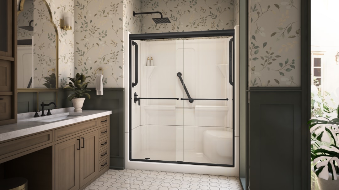 DreamLine Accessible Living Harmony Shower Kit, LH Drain, with Door and Grab Bars, Matte Black
