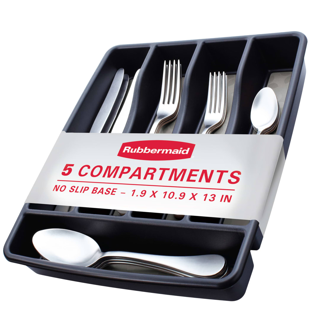 Rubbermaid® No-Slip Small Silverware Cutlery Tray Organizer, Black with Gray Base