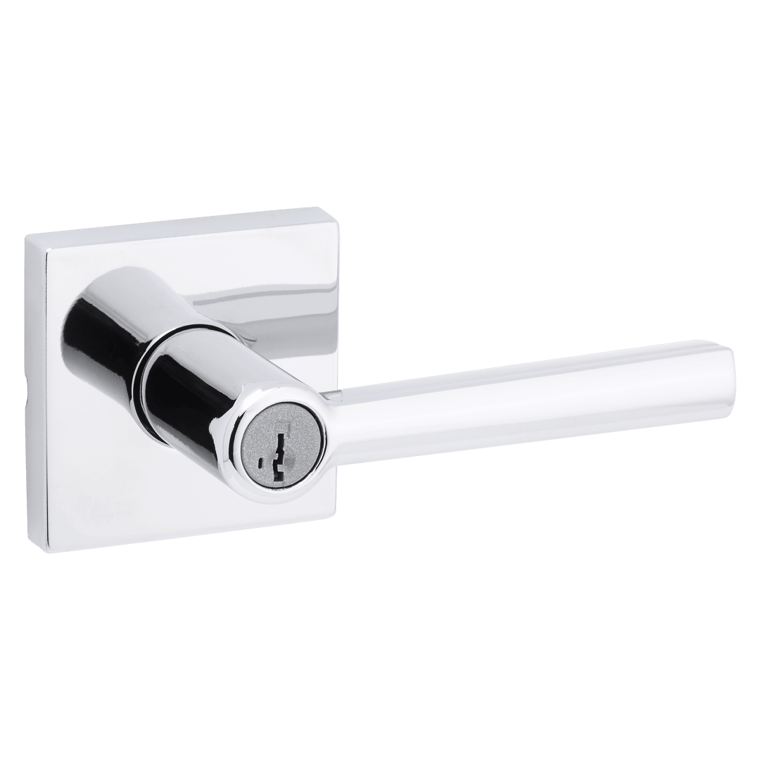 Montreal Keyed Entry Lever with Square Rose featuring SmartKey Security™ in Polished Chrome