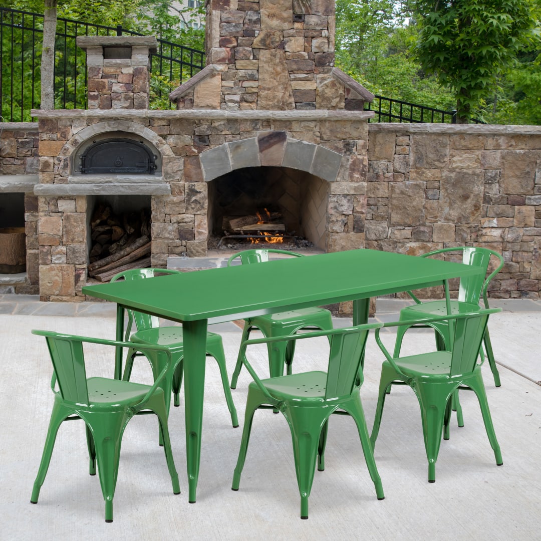 Oakley Commercial Grade 31.5" x 63" Rectangular Green Metal Indoor-Outdoor Table Set with 6 Arm Chairs