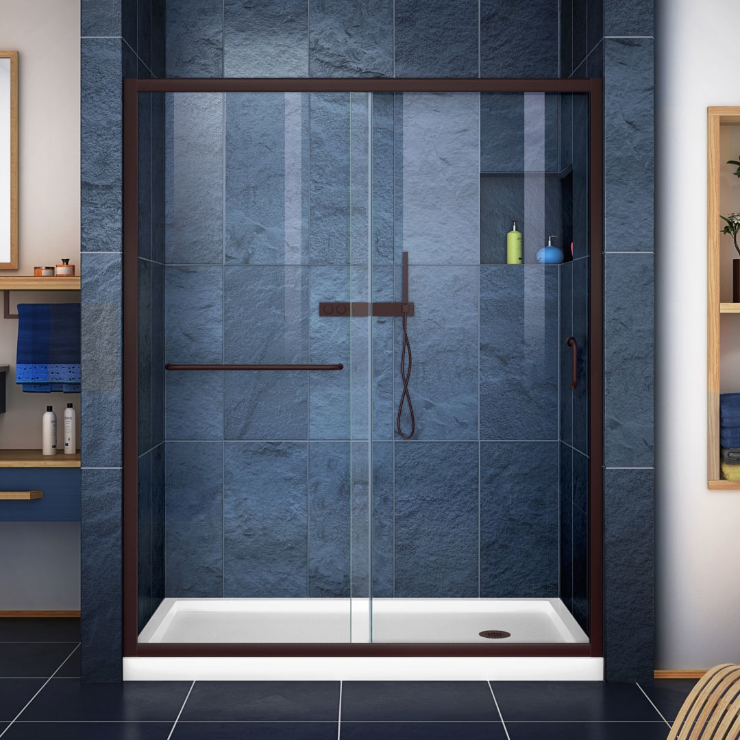 DreamLine Infinity-Z 34 inch D x 60 inch W x 74 3/4 inch H Semi-Frameless Sliding Clear Shower Door in Oil Rubbed Bronze with Right Drain White Shower Base Kit