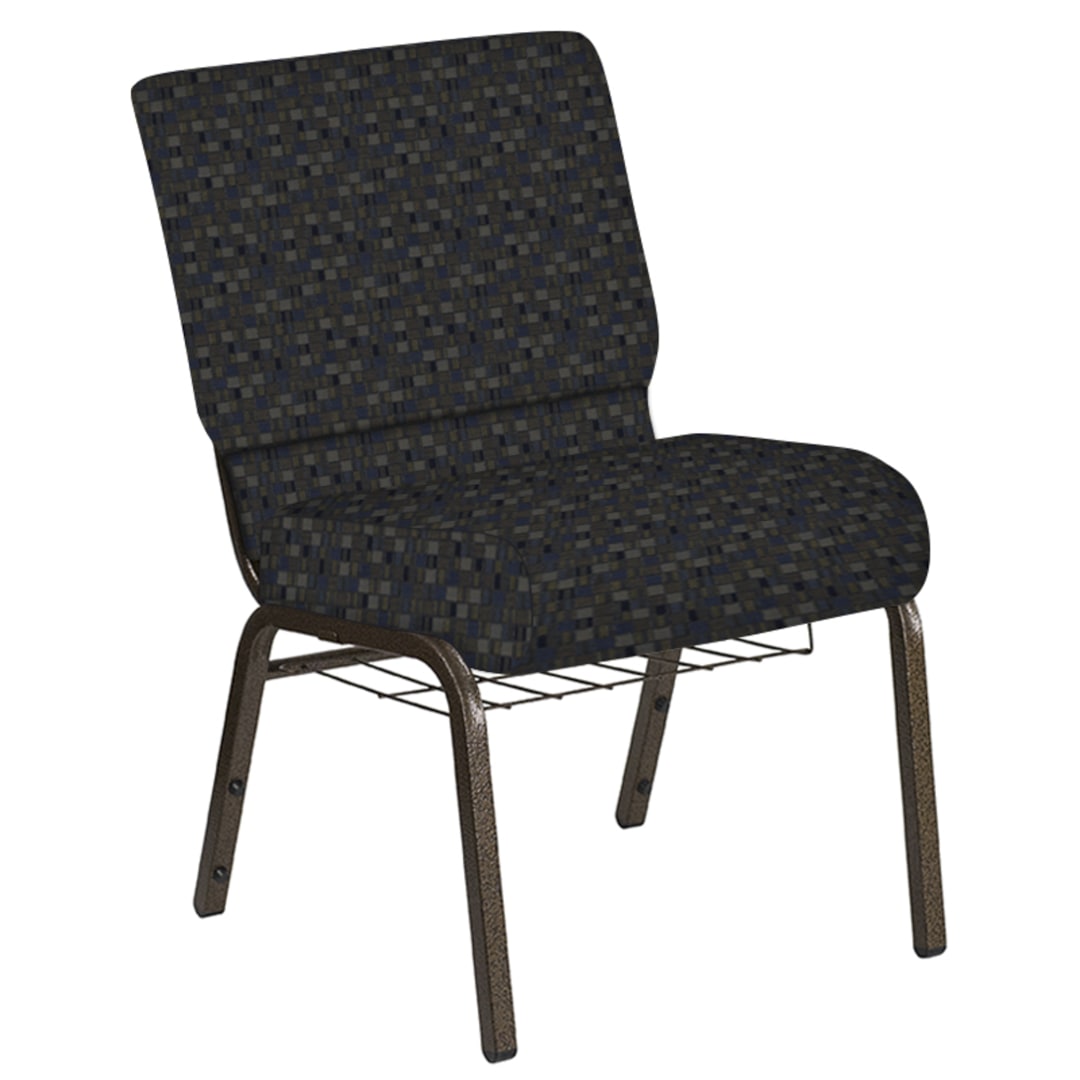 21''W Church Chair in Empire Tartan Sky Fabric with Book Rack - Gold Vein Frame