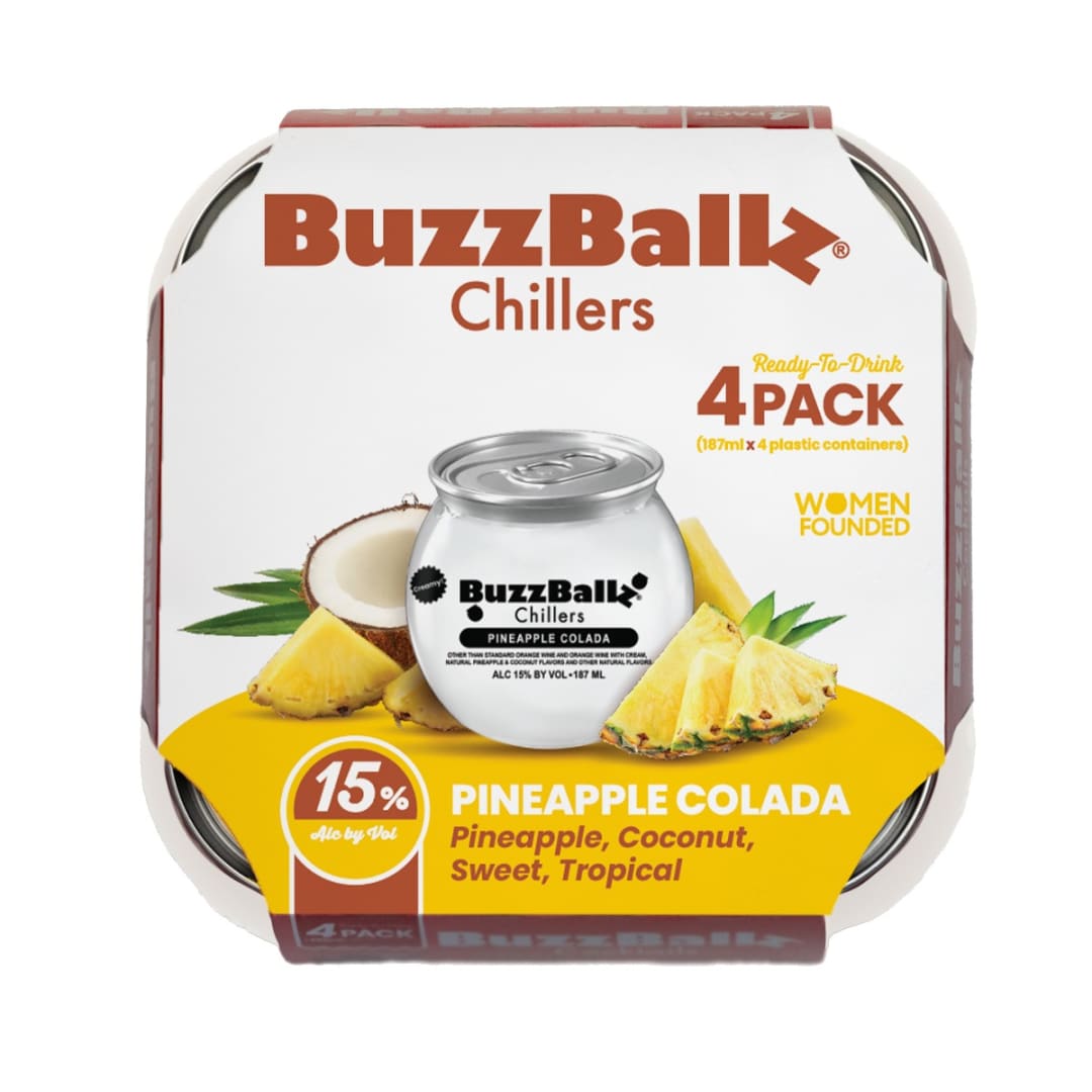 BuzzBallz Pinneapple Colada Wine Cocktails 4 Pack 187ml Shot Cups 30 Proof
