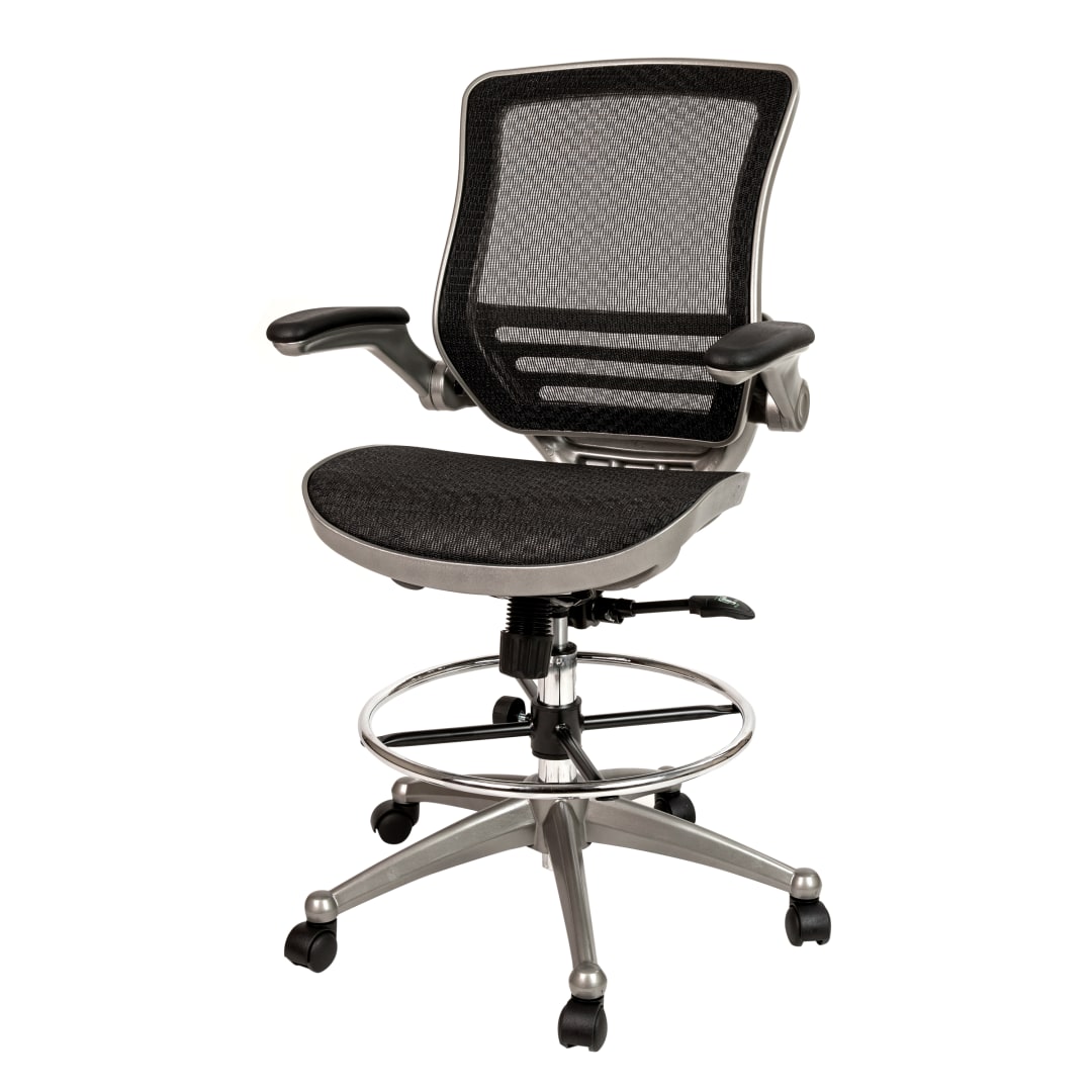 Waylon Mid-Back Transparent Black Mesh Drafting Chair with Graphite Silver Frame and Flip-Up Arms