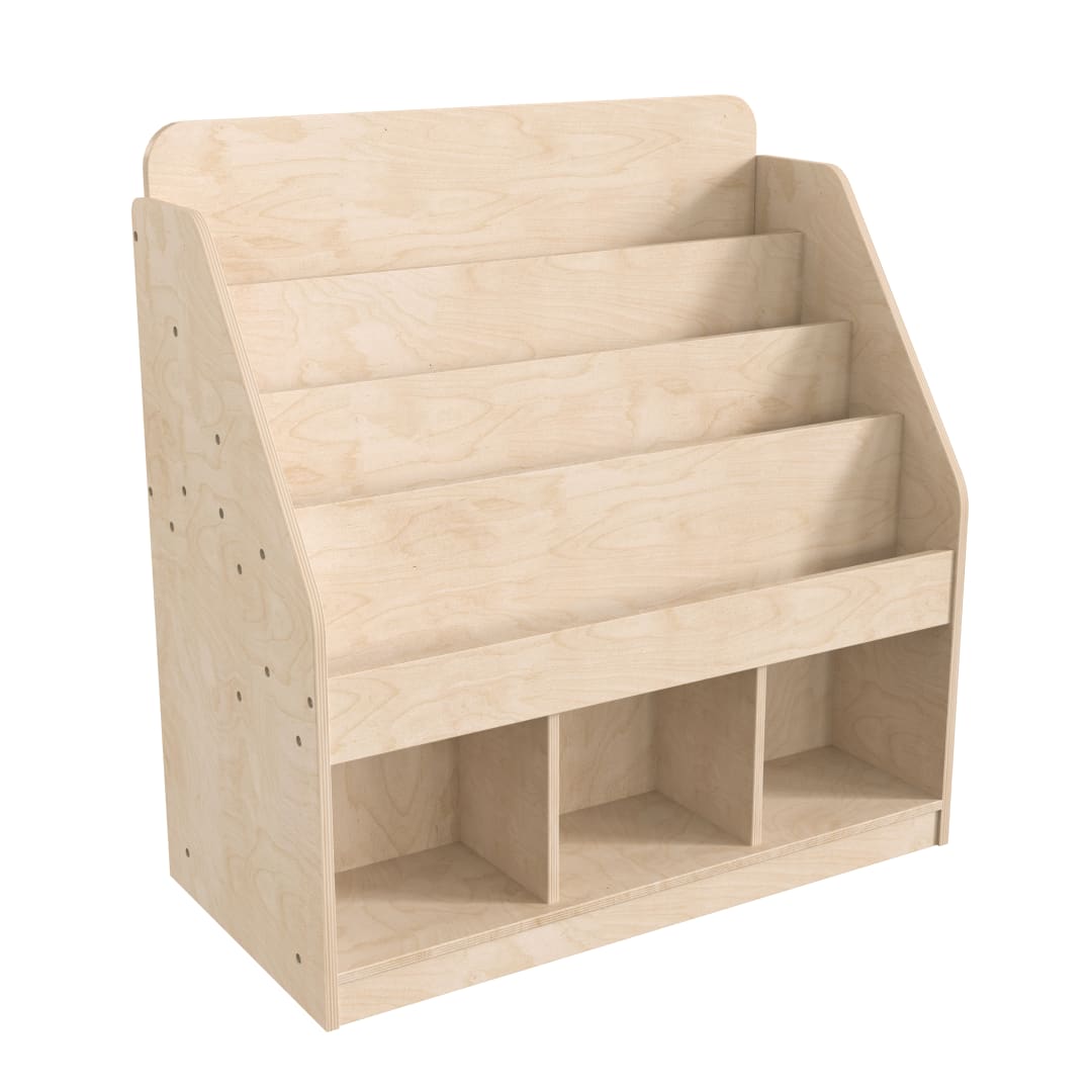 Bright Beginnings Commercial Grade Modular Wooden Classroom 4 Tier Bookstand with 3 Storage Compartments, Natural