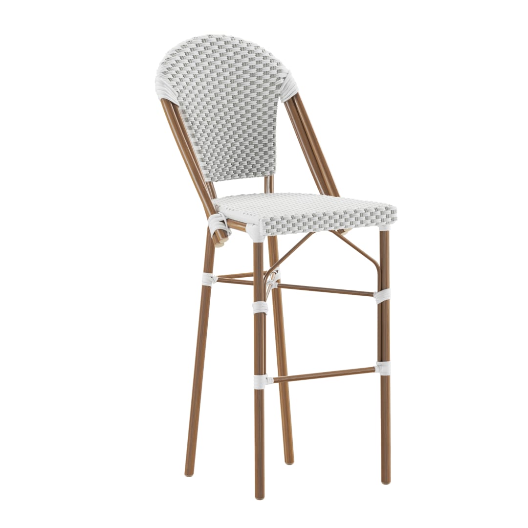 Lourdes Stackable Indoor/Outdoor Bistro 30" High Barstool, Commercial Grade, White/Gray and Bamboo Finish