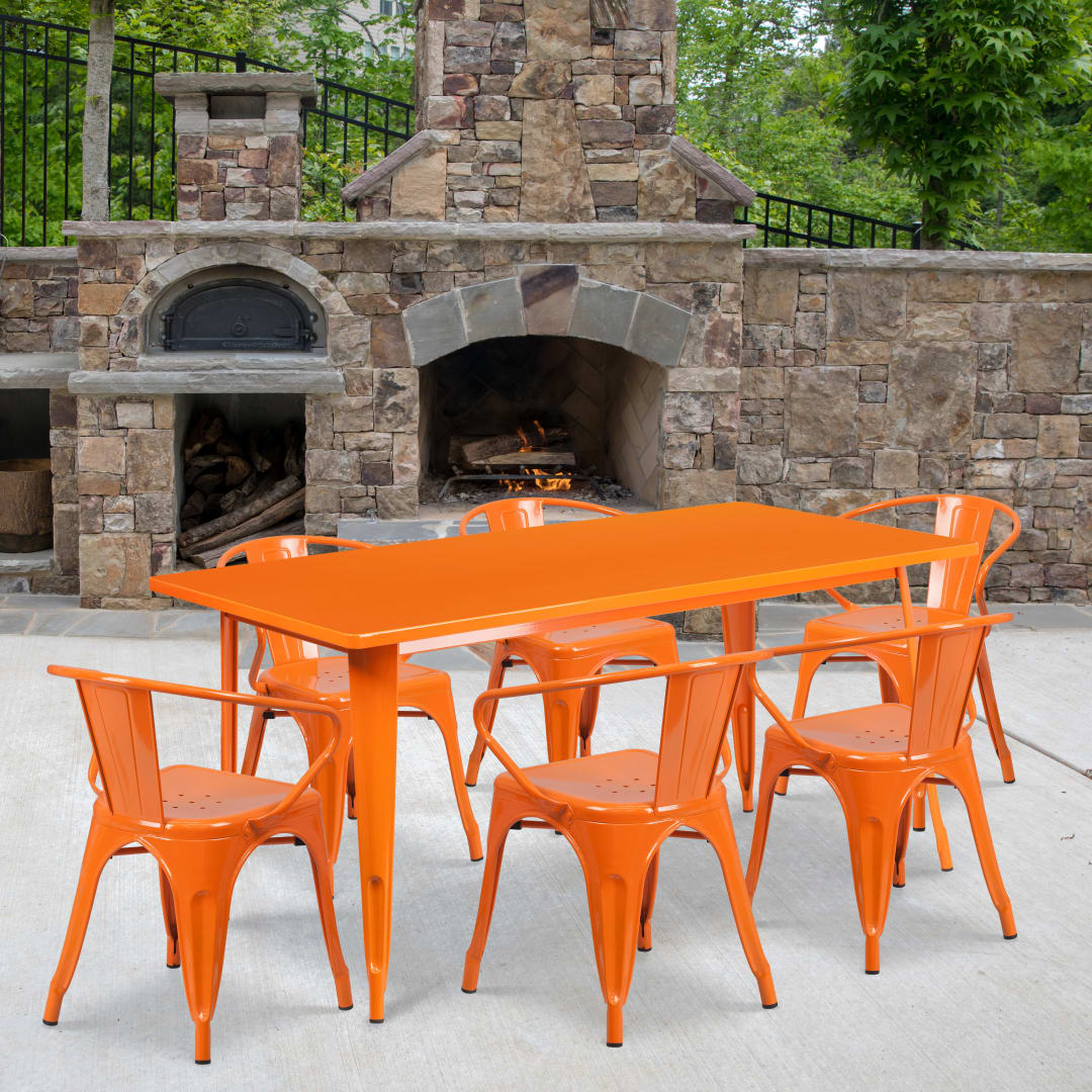 Oakley Commercial Grade 31.5" x 63" Rectangular Orange Metal Indoor-Outdoor Table Set with 6 Arm Chairs