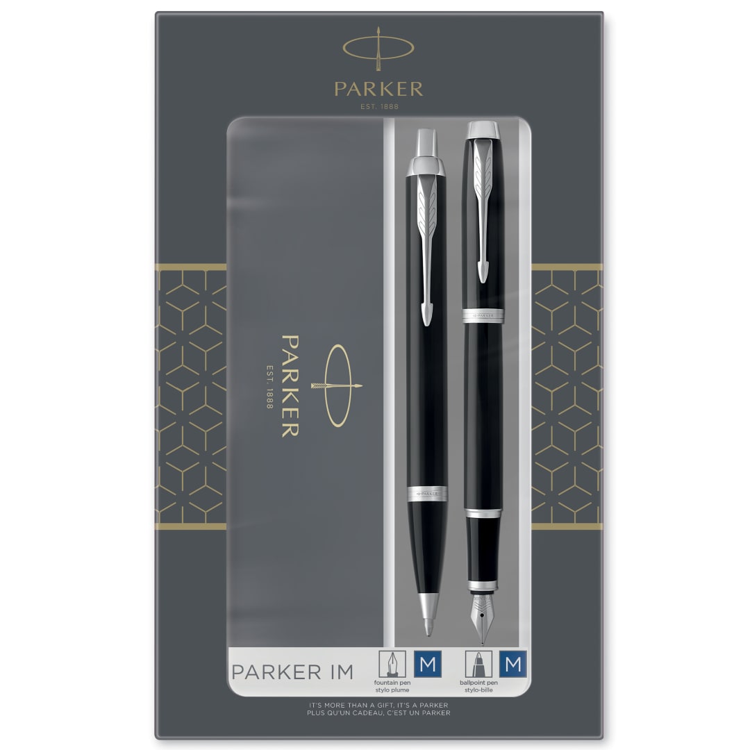 Parker IM set de regalo doble con bolígrafo y pluma estilográficaacabado negro con adorno cromadocartucho y recambio de tinta azulestuche de regalo