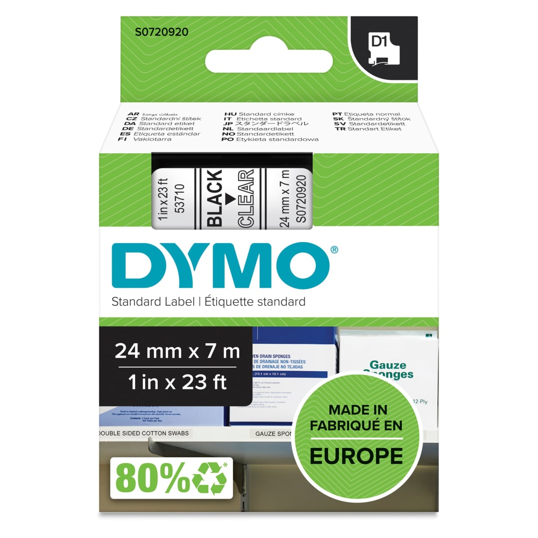 DYMO® Standard D1 Labeling Tape for LabelManager Label Makers, Black print on Clear tape, 3/8'' W x 23' L, 1 cartridge
