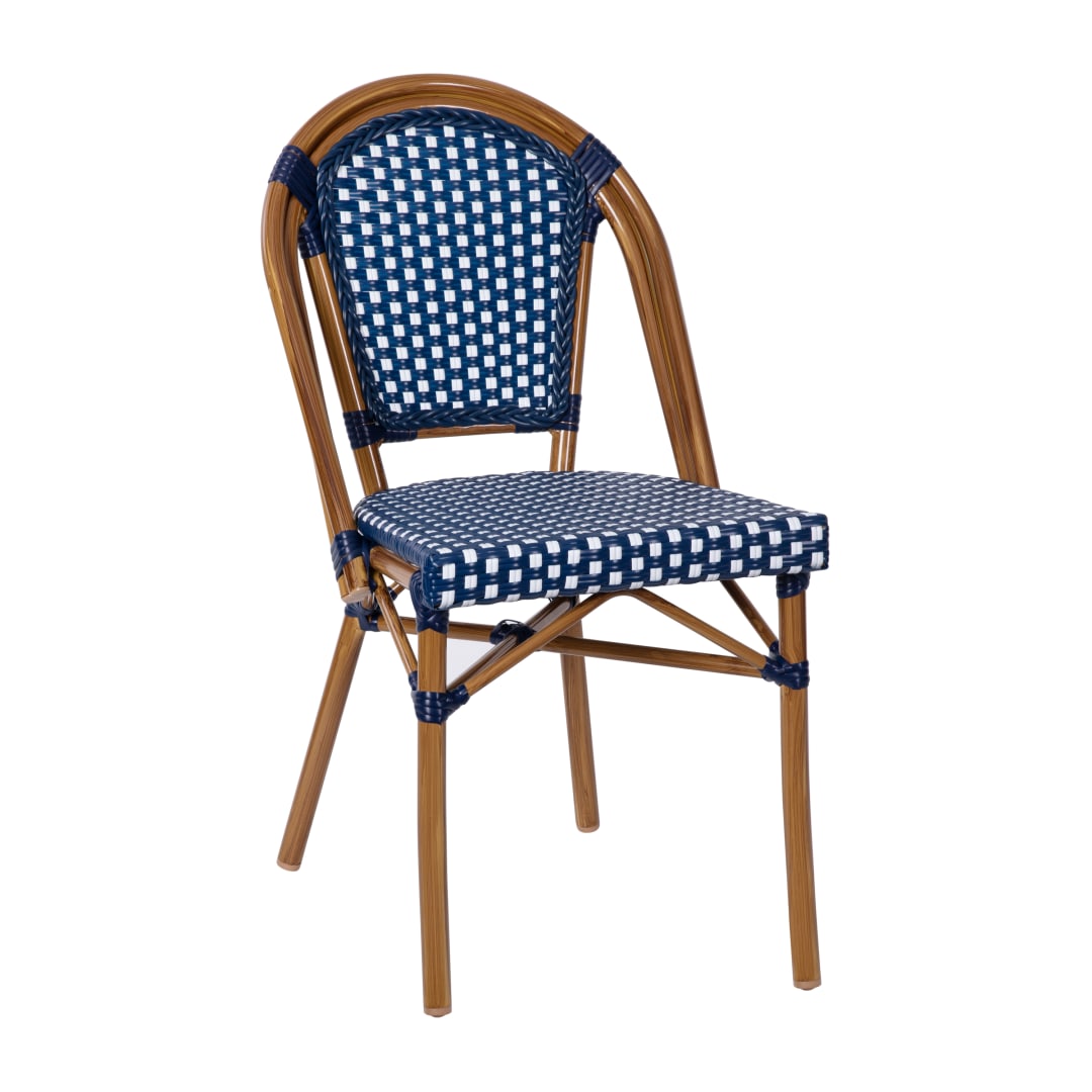 Bordeaux Indoor/Outdoor Commercial Bistro Stacking Chair, Navy and White PE Rattan Back and Seat, Bamboo Print Aluminum Frame in Natural
