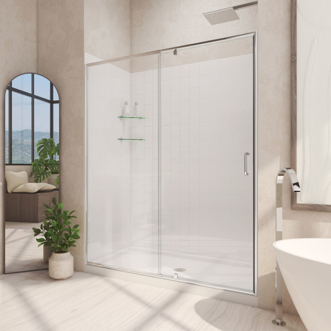 DreamLine Flex 34 inch D x 60 inch W x 76 3/4 inch H Semi-Frameless Pivot Shower Door in Chrome, Center Drain Shower Base, and Wall Kit in White