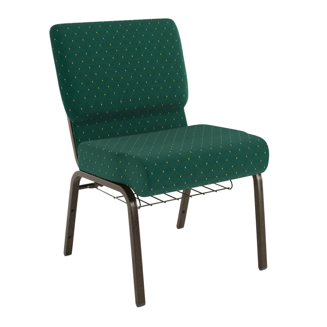 20 Pack HERCULES Series 21''W Church Chair in Hunter Green Dot Patterned Fabric with Book Rack - Gold Vein Frame