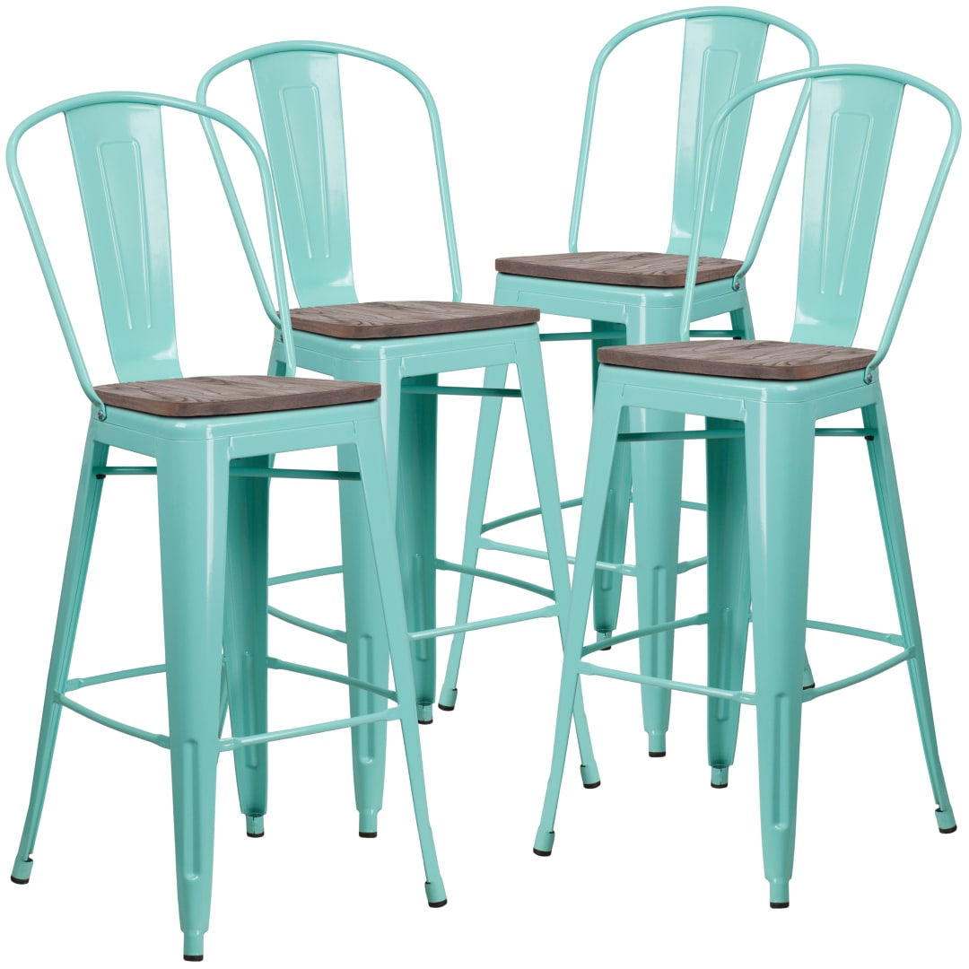 Blake 4 Pk. 30" High Mint Green Metal Barstool with Back and Wood Seat