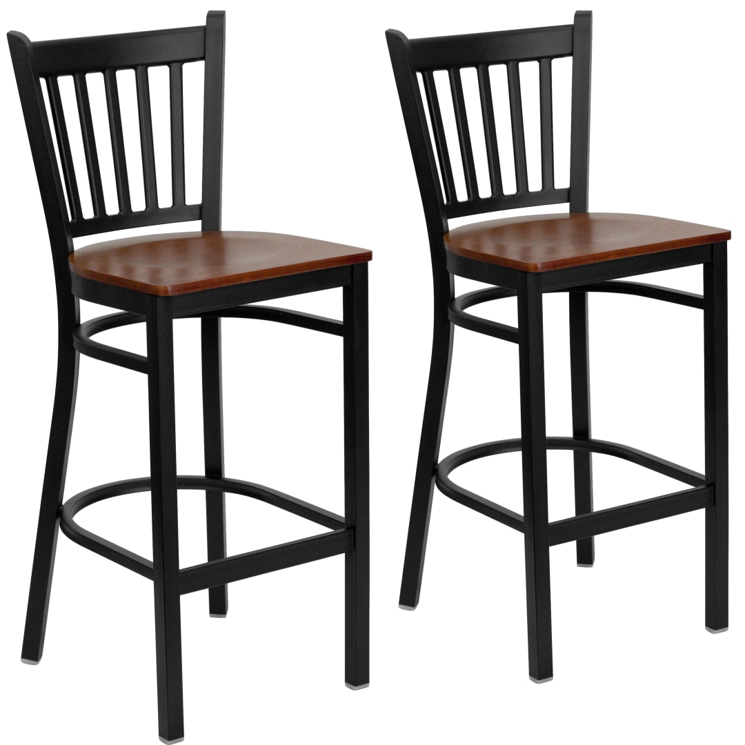 2 Pk. HERCULES Series Black Vertical Back Metal Restaurant Barstool - Cherry Wood Seat