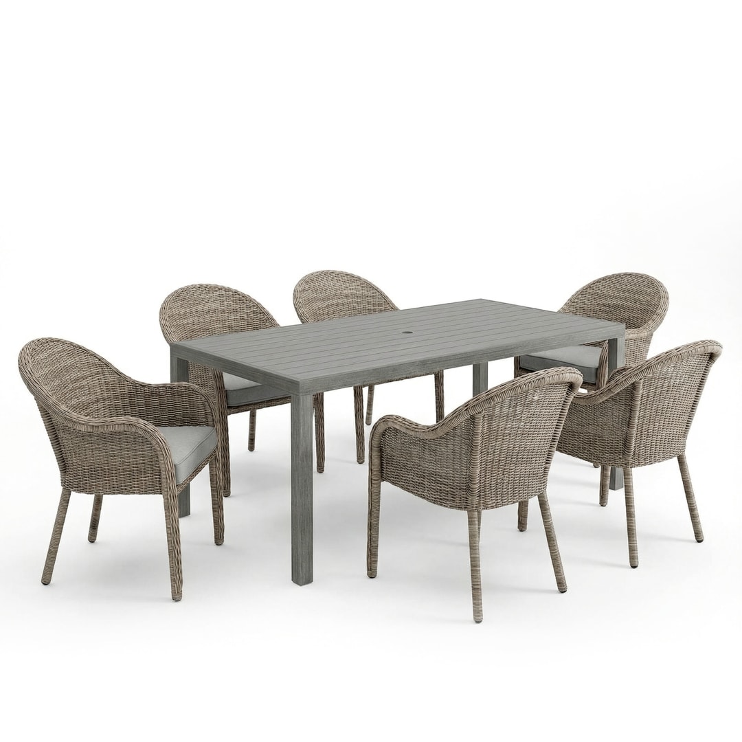 Bedford 7 Piece Patio Set, 6 Stacking Weathered Gray Rattan Wicker Chairs, Gray Cushions, 62 Inch Rectangular Gray Brushed Woodgrain Aluminum Table