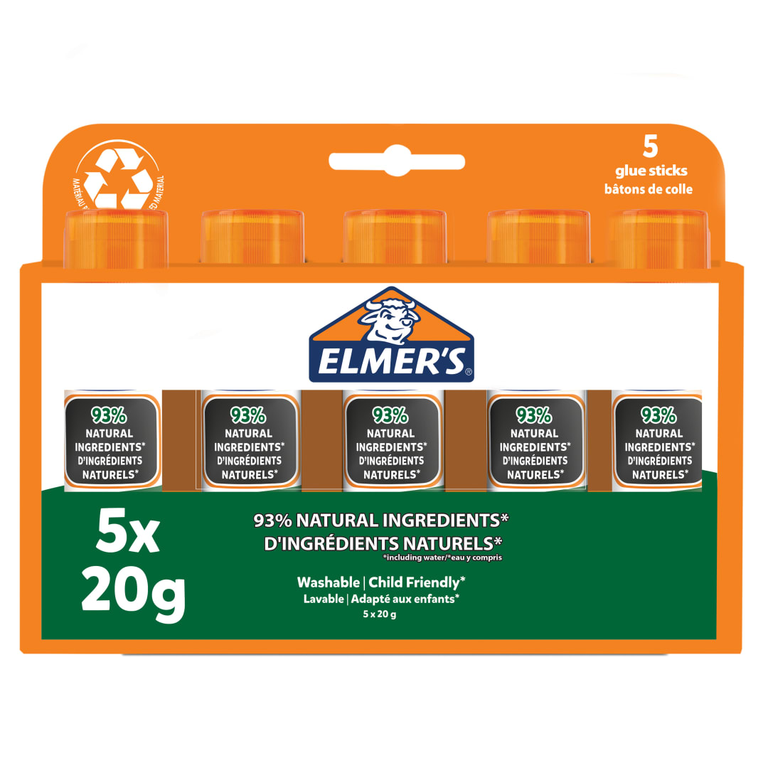 Barras de pegamento puro de Elmer | 93 % de ingredientes naturales | Ideal para clase y manualidades | Lavable y apto para niños | 20 g | paquete de 5