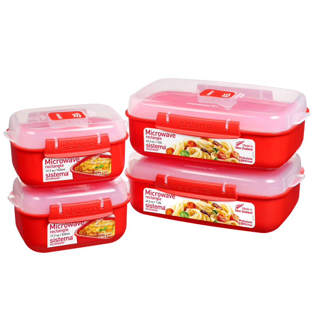 Sistema Heat and Eat microondas juego | 4 recipientes rectangulares con tapas para alimentos (2 de 1,25 l + 2 de 525 ml) | Clips de cierre y sistemas de ventilación del vapor | Sin BPA