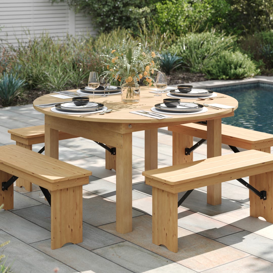 HERCULES 60" Round Light Natural Commercial Farmhouse Folding Table, Antique Rustic Solid Pine Dining Room Table with Foldable Locking Legs