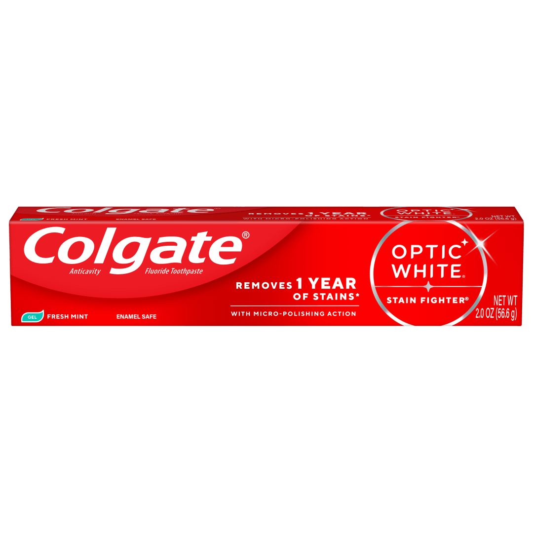 Colgate Optic White Stain Fighter Fresh Mint Teeth Whitening Toothpaste Gel, Travel Size Anticavity Toothpaste Gel with Fluoride, 2.0 OZ