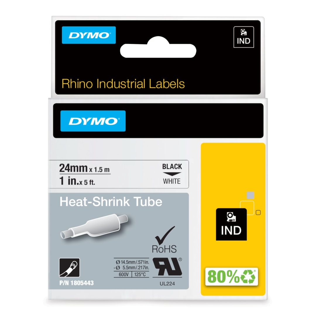 DYMO® Rhino Industrial Heat-Shrink Labels, 1" Tube, Black Print on White