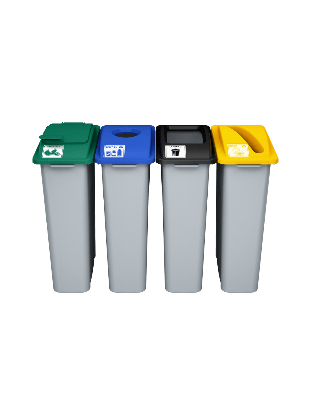  WASTE WATCHER - Quad - Kit - Organics-Cans &amp; Bottles-Landfill-Mixed Paper - Solid Lift-Circle-Full-Slot - Grey-Green-Blue-Black-Yellow