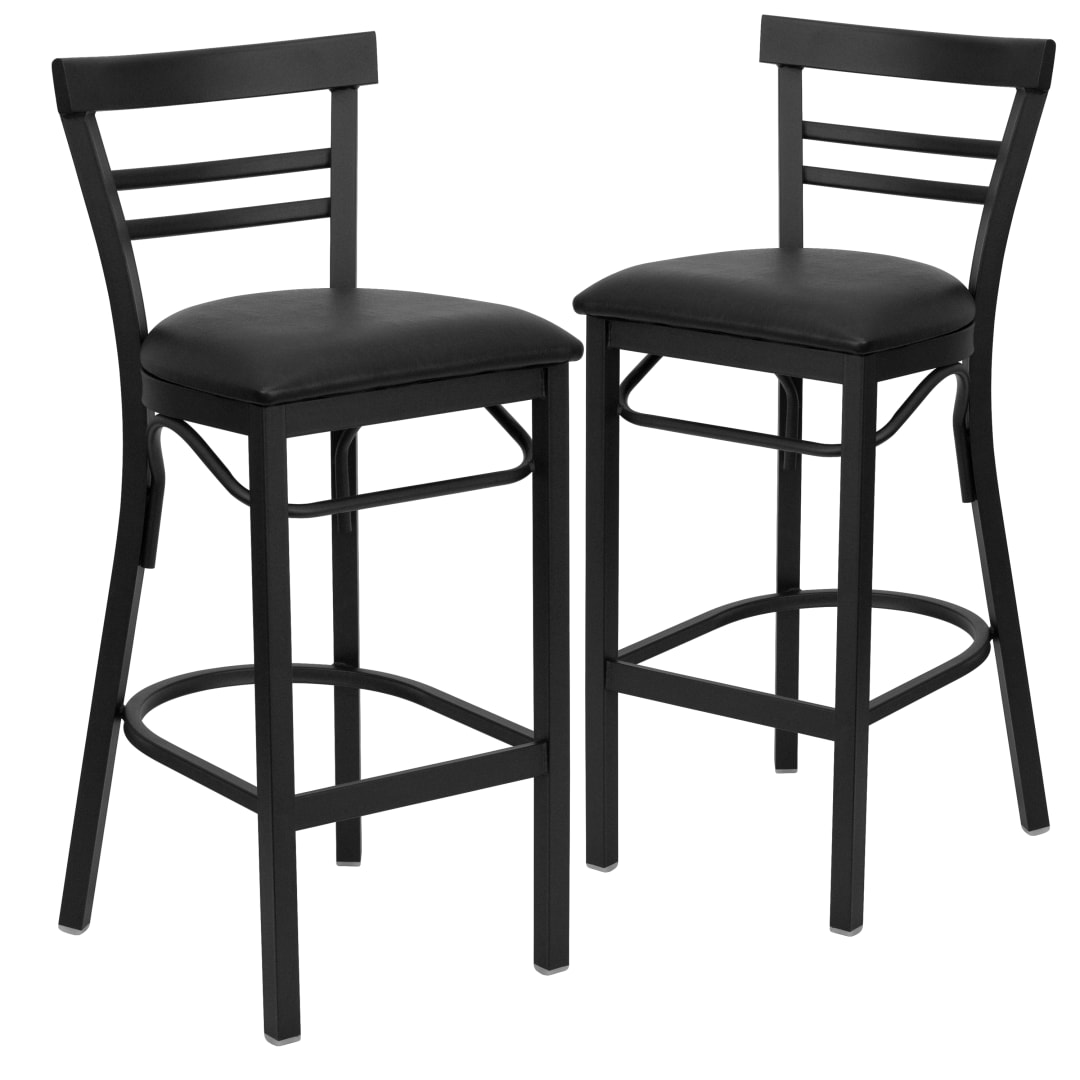 2 Pack HERCULES Series Black Two-Slat Ladder Back Metal Restaurant Barstool - Black Vinyl Seat