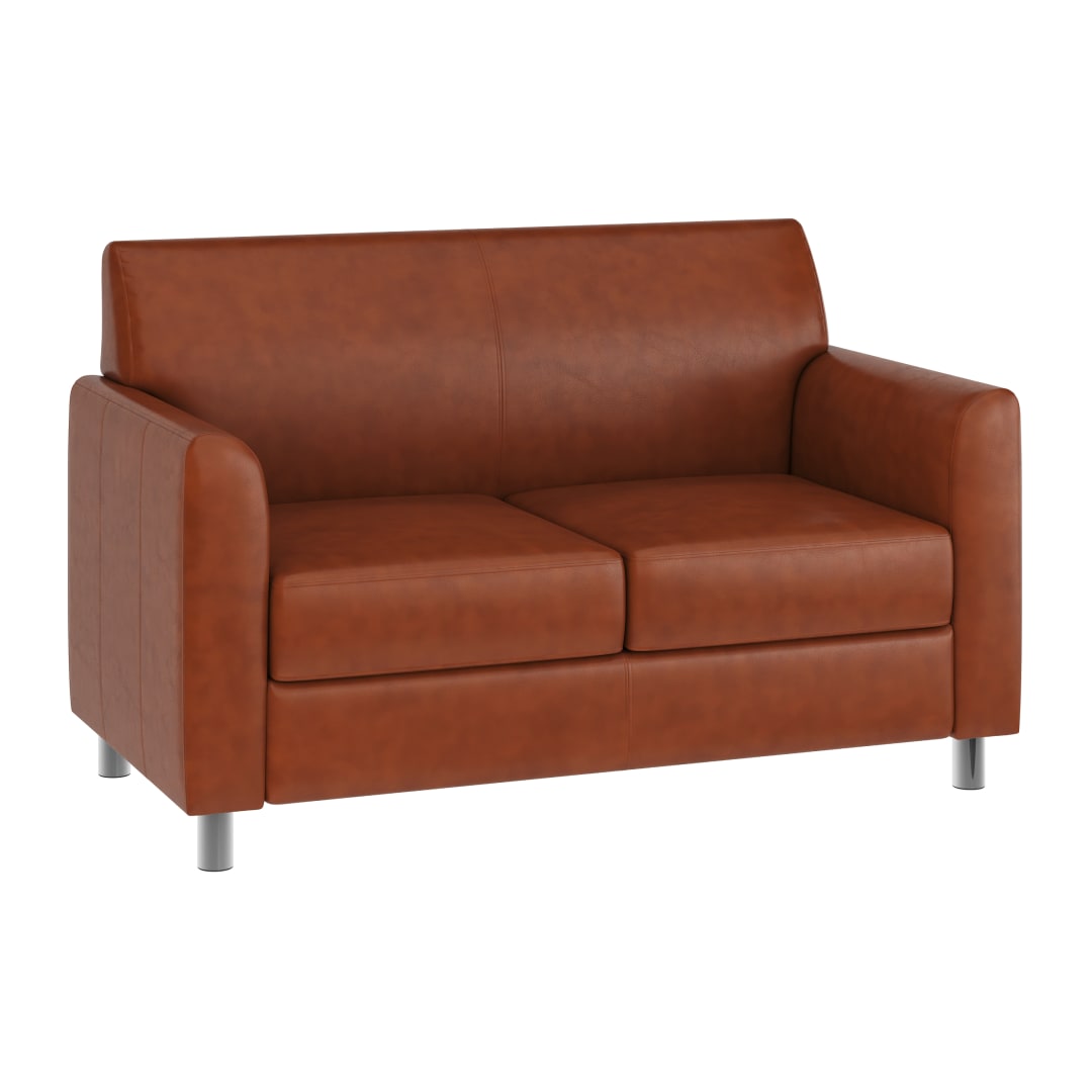 HERCULES Diplomat Cognac LeatherSoft Loveseat with Clean Line-Stitched Frame and Chrome Legs