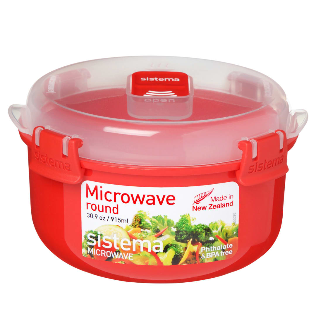 Sistema bol redondo para microondas | Recipiente de 915 ml para alimentos con sistema de ventilación del vapor | Sin BPA | Rojo/Transparente