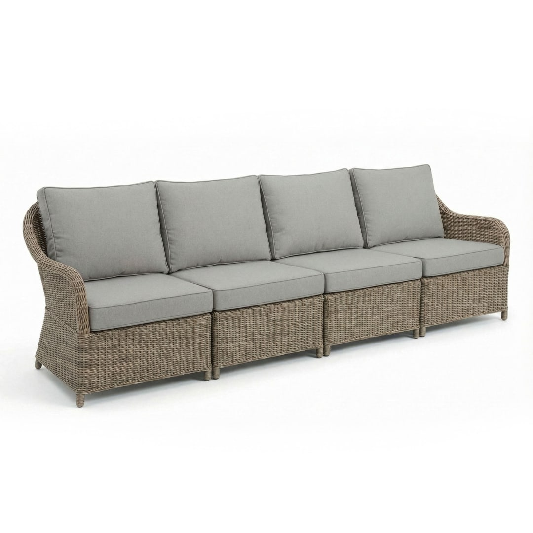 Lily Pond Indoor-Outdoor 4 Seat Modular Patio Sofa in Weathered Gray Rattan Wicker with Gray All-Weather Cushions