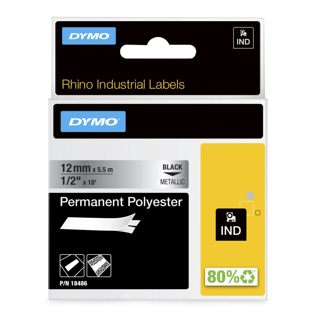 DYMO® Rhino Industrial Permanent Polyester Labels, 1/2", Black Print on Metallic Tape