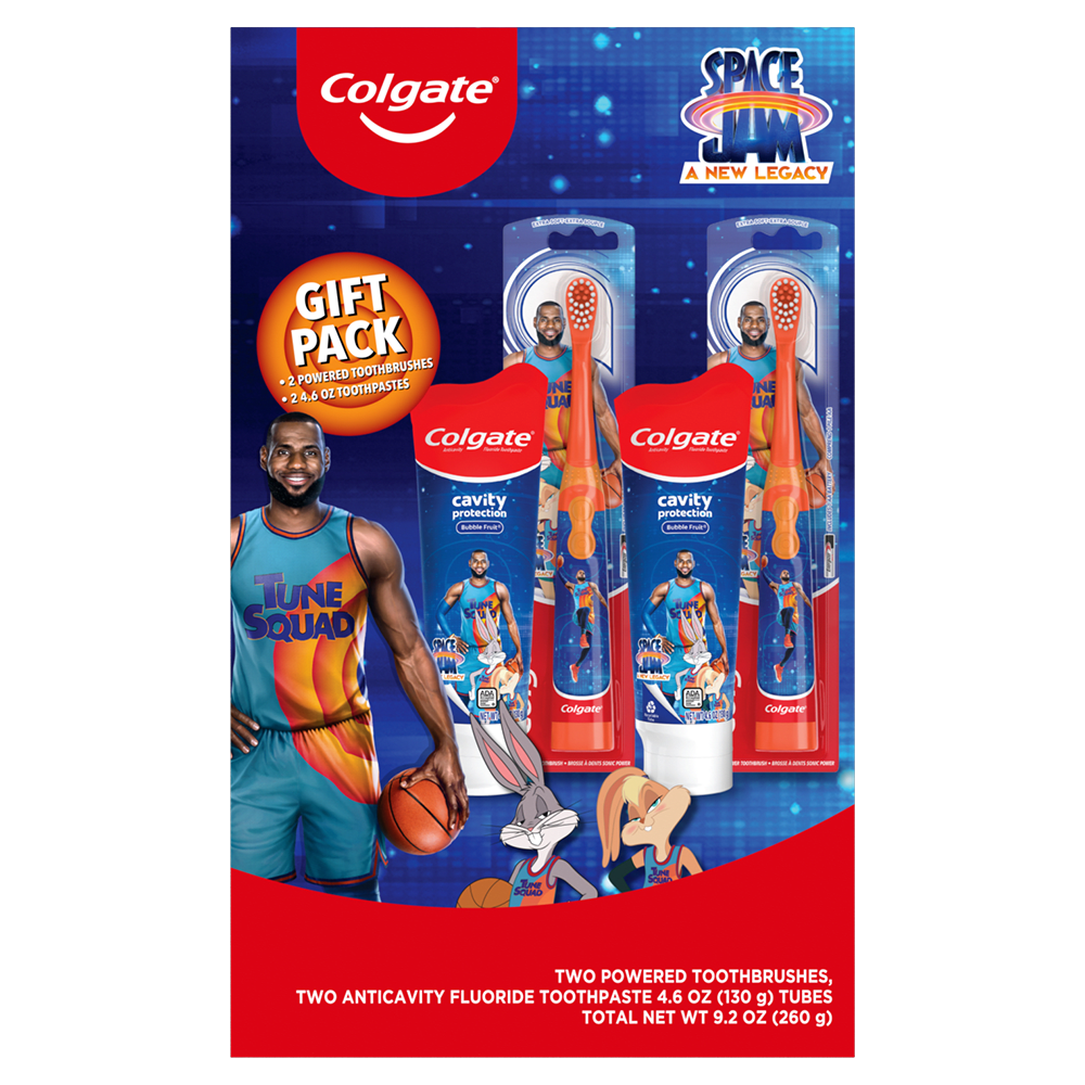 Colgate Kids Toothbrush Set with Toothpaste for Ages 3+, Space Jam Gift Set, 2 Count
