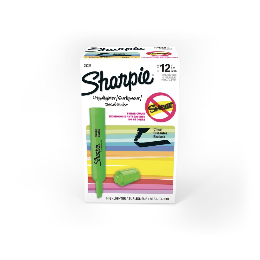 Sharpie® Tank Style Highlighters, Chisel Tip, Fluorescent Green, Box of 12