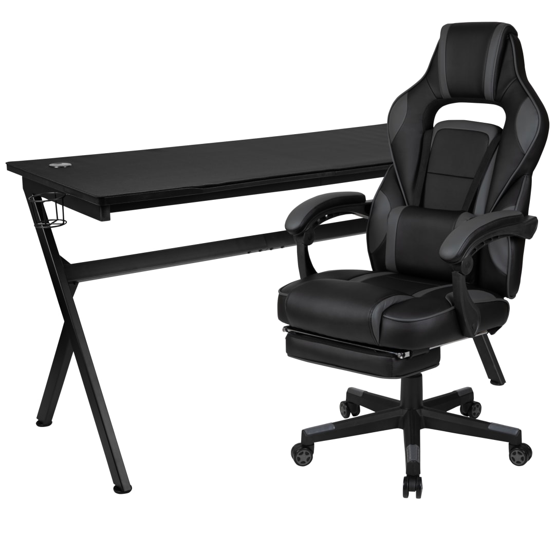 Optis Gaming Desk with Cup Holder/Headphone Hook/Removable Mousepad Top &amp; Black Reclining Back/Arms Gaming Chair with Footrest